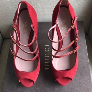 Gucci Shoes - Brand NEW! Gucci red suede triple strap heel Gucci Shoes - Brand NEW! Gucci red suede triple strap heel